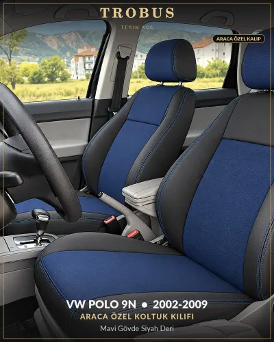 Volkswagen Polo 9N 2002-2009 Araca Özel Koltuk Kılıfı Mavi Gövde Siyah Deri
