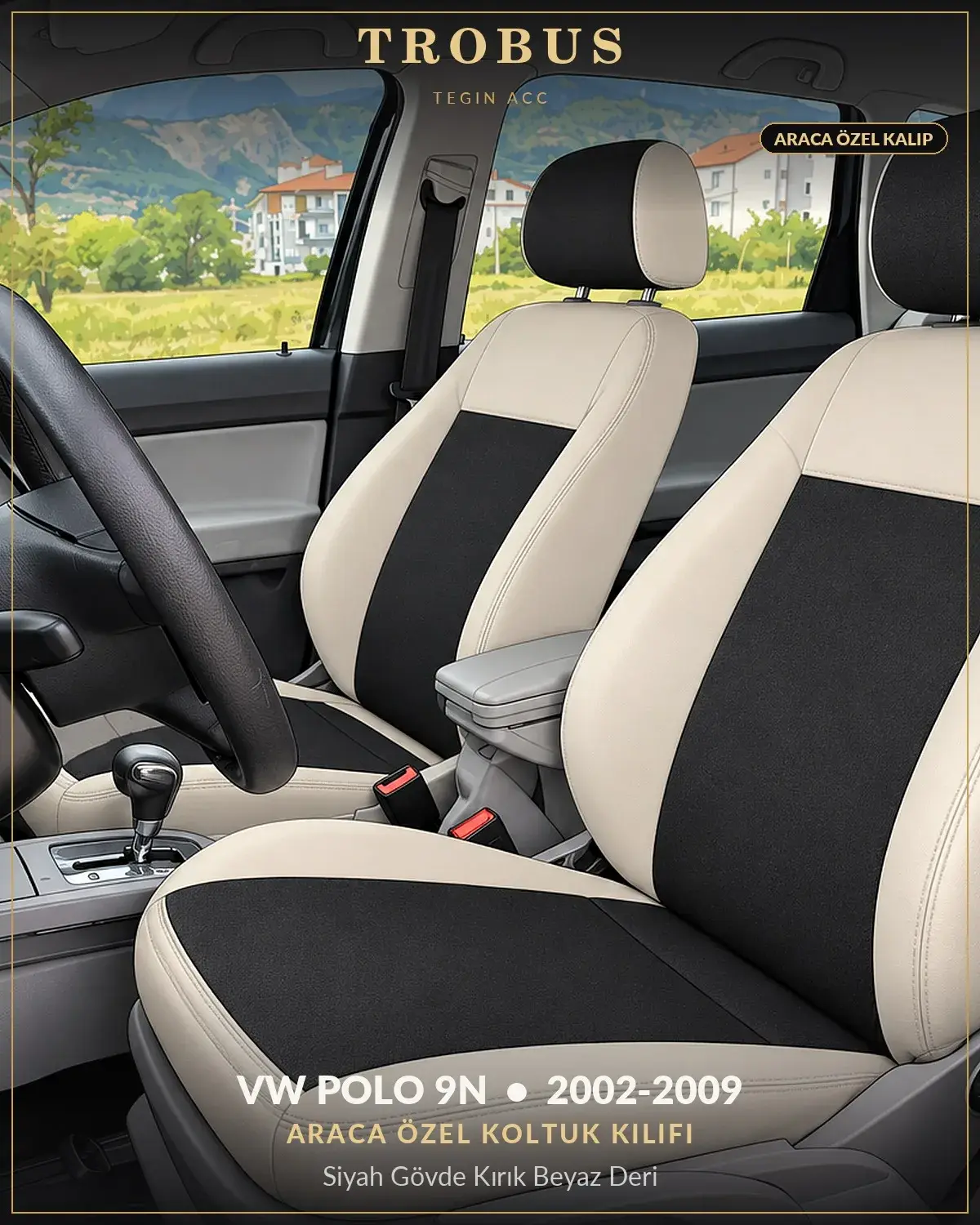 Volkswagen Polo 9N 2002-2009 Araca Özel Koltuk Kılıfı Siyah Gövde Kırık Beyaz Deri (1)