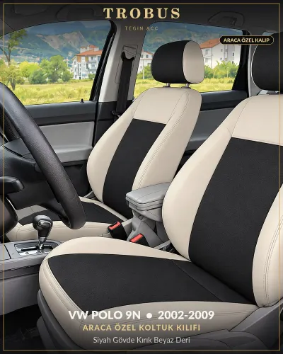 Volkswagen Polo 9N 2002-2009 Araca Özel Koltuk Kılıfı Siyah Gövde Kırık Beyaz Deri