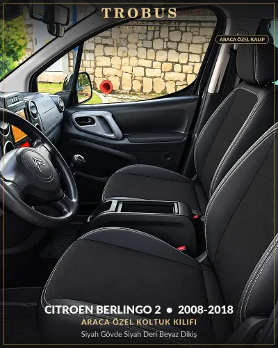 Citroen Berlingo 2 2008-2018 Araca Özel Koltuk Kılıfı Siyah Gövde Siyah Deri Beyaz Dikiş