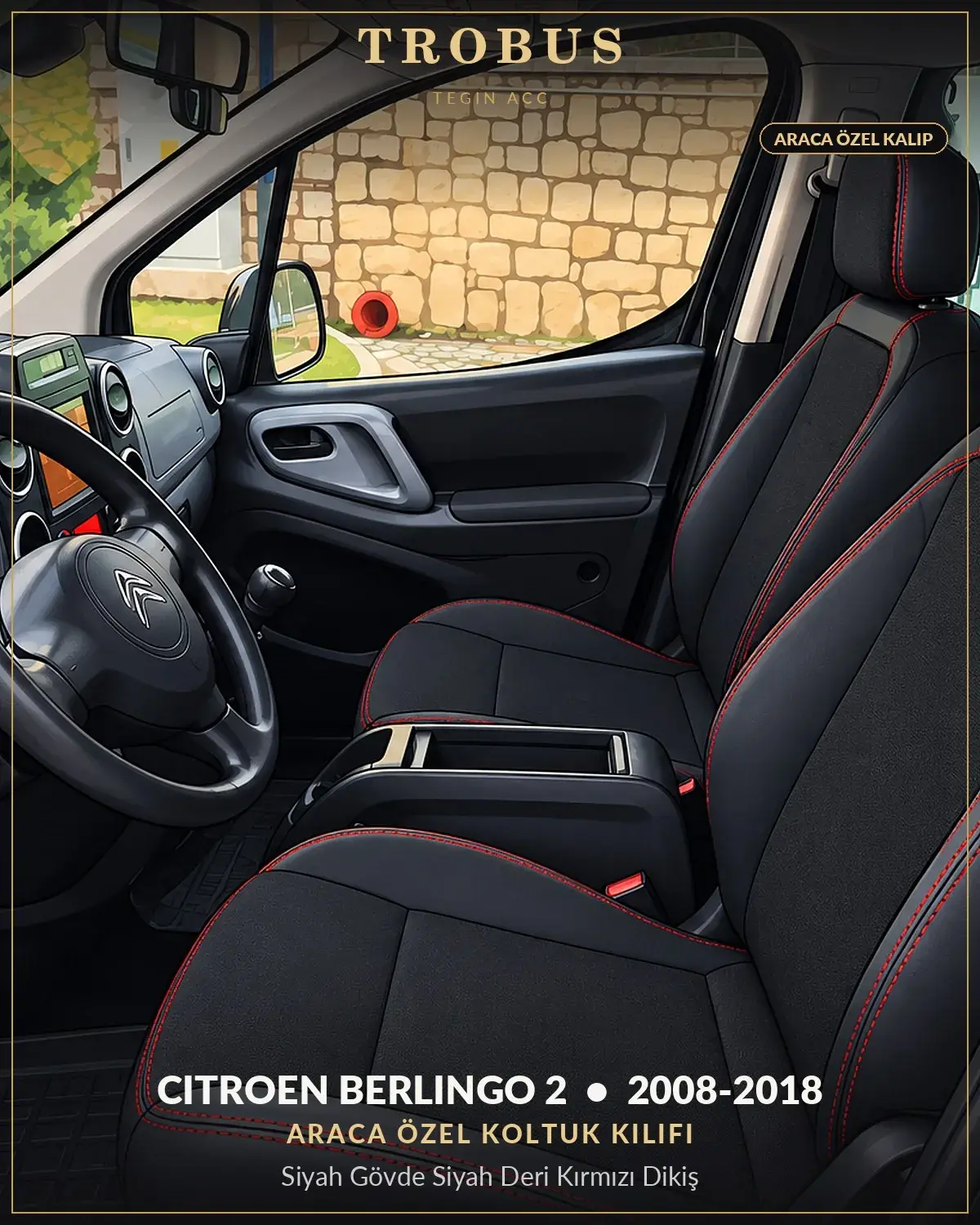 Citroen Berlingo 2 2008-2018 Araca Özel Koltuk Kılıfı Siyah Gövde Siyah Deri Kırmızı Dikiş (1)