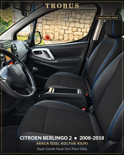 Citroen Berlingo 2 2008-2018 Araca Özel Koltuk Kılıfı Siyah Gövde Siyah Deri Mavi Dikiş