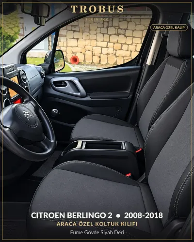Citroen Berlingo 2 2008-2018 Araca Özel Koltuk Kılıfı Füme Gövde Siyah Deri