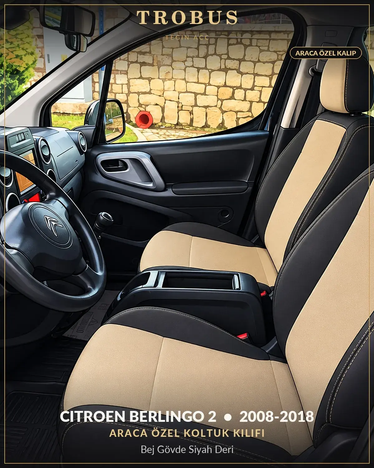 Citroen Berlingo 2 2008-2018 Araca Özel Koltuk Kılıfı Bej Gövde Siyah Deri (1)