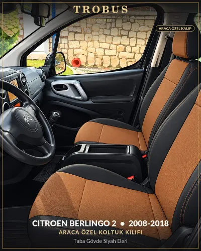 Citroen Berlingo 2 2008-2018 Araca Özel Koltuk Kılıfı Taba Gövde Siyah Deri