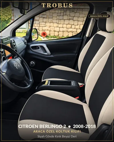 Citroen Berlingo 2 2008-2018 Araca Özel Koltuk Kılıfı Siyah Gövde Kırık Beyaz Deri