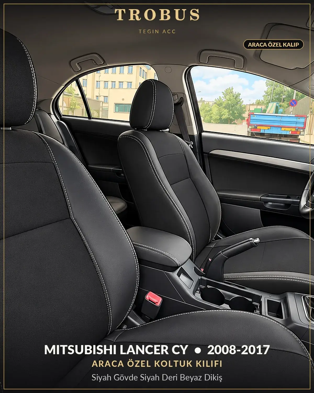 Mitsubishi Lancer CY 2008-2017 Araca Özel Koltuk Kılıfı Siyah Gövde Siyah Deri Beyaz Dikiş (1)