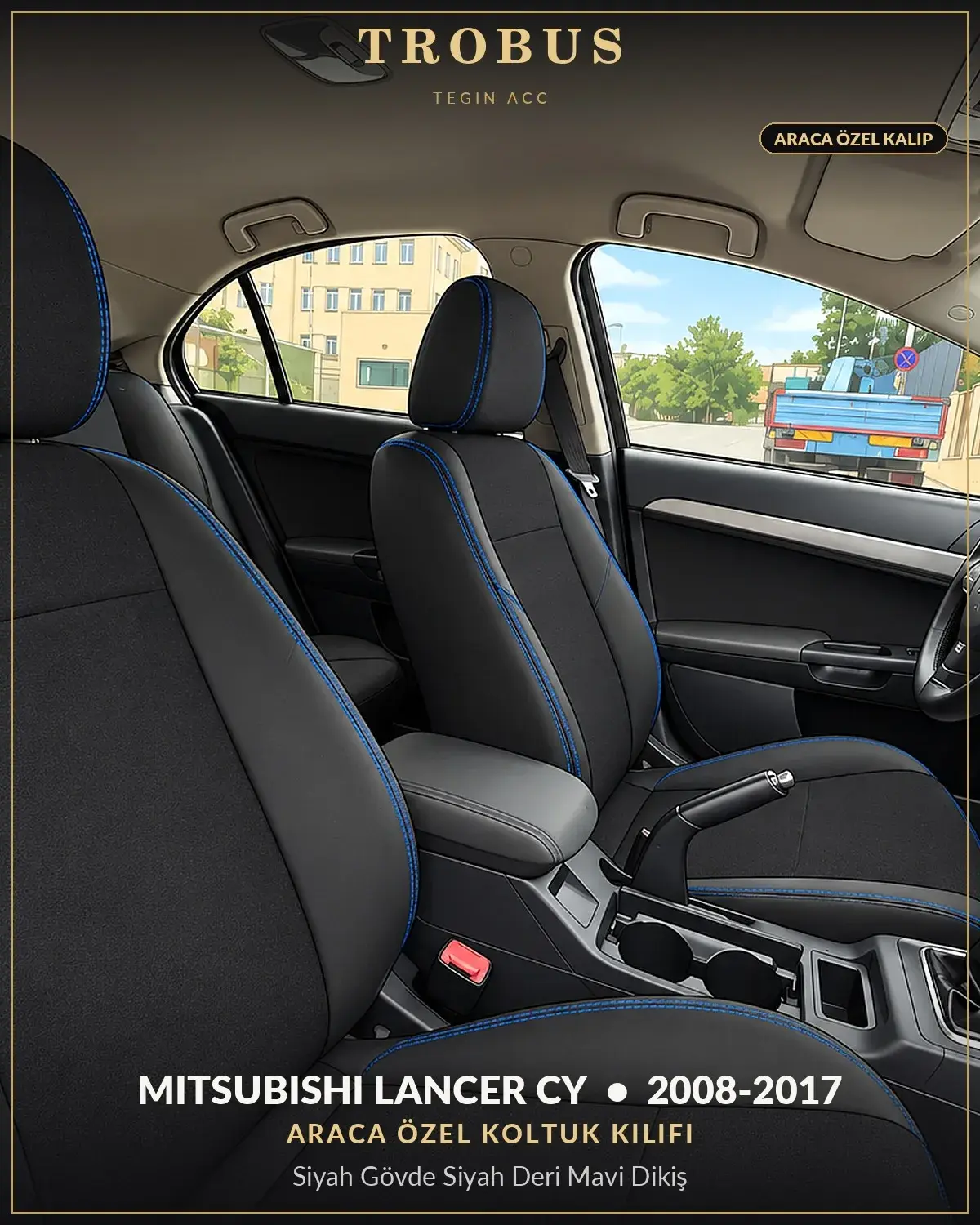 Mitsubishi Lancer CY 2008-2017 Araca Özel Koltuk Kılıfı Siyah Gövde Siyah Deri Mavi Dikiş (1)
