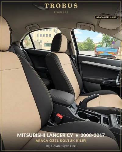 Mitsubishi Lancer CY 2008-2017 Araca Özel Koltuk Kılıfı Bej Gövde Siyah Deri