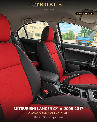 Mitsubishi Lancer CY 2008-2017 Araca Özel Koltuk Kılıfı Kırmızı Gövde Siyah Deri