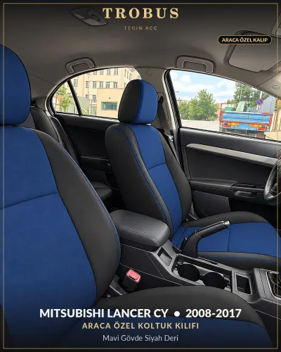 Mitsubishi Lancer CY 2008-2017 Araca Özel Koltuk Kılıfı Mavi Gövde Siyah Deri