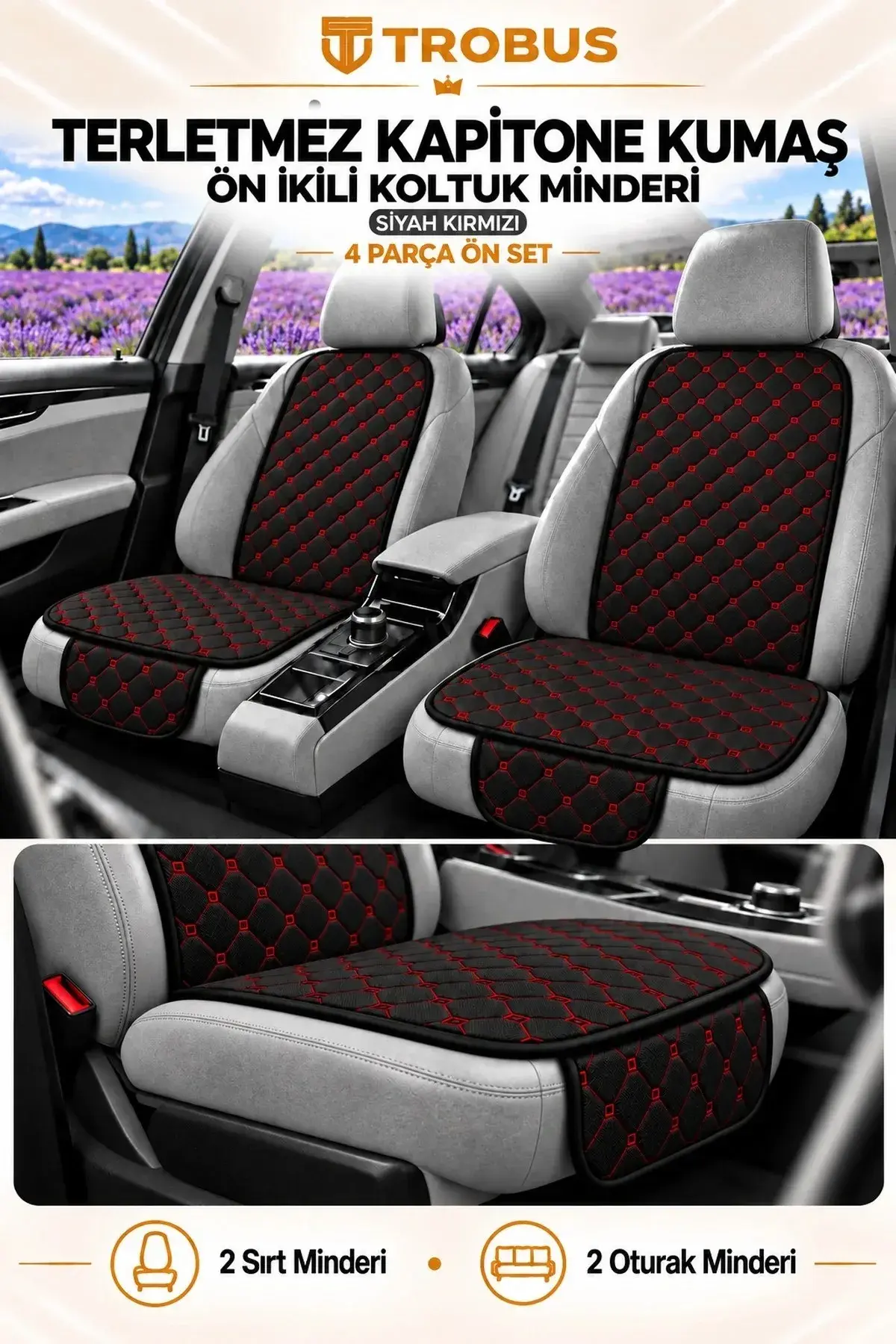 Üniversal Kapitone Kumaş Oto Koltuk Minderi 4 Parça Siyah Kırmızı