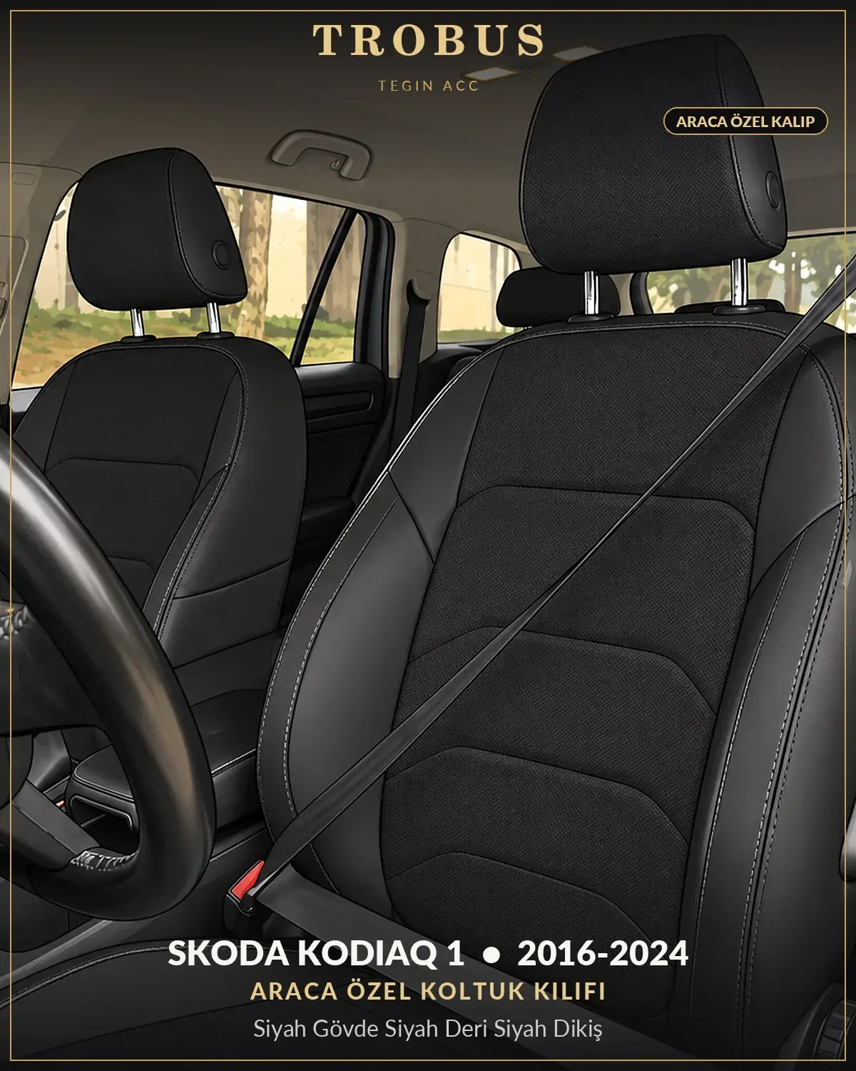 Skoda Kodiaq 1 2016-2024 Araca Özel Koltuk Kılıfı Siyah Gövde Siyah Deri Siyah Dikiş (1)