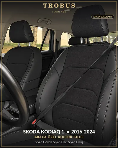 Skoda Kodiaq 1 2016-2024 Araca Özel Koltuk Kılıfı Siyah Gövde Siyah Deri Siyah Dikiş