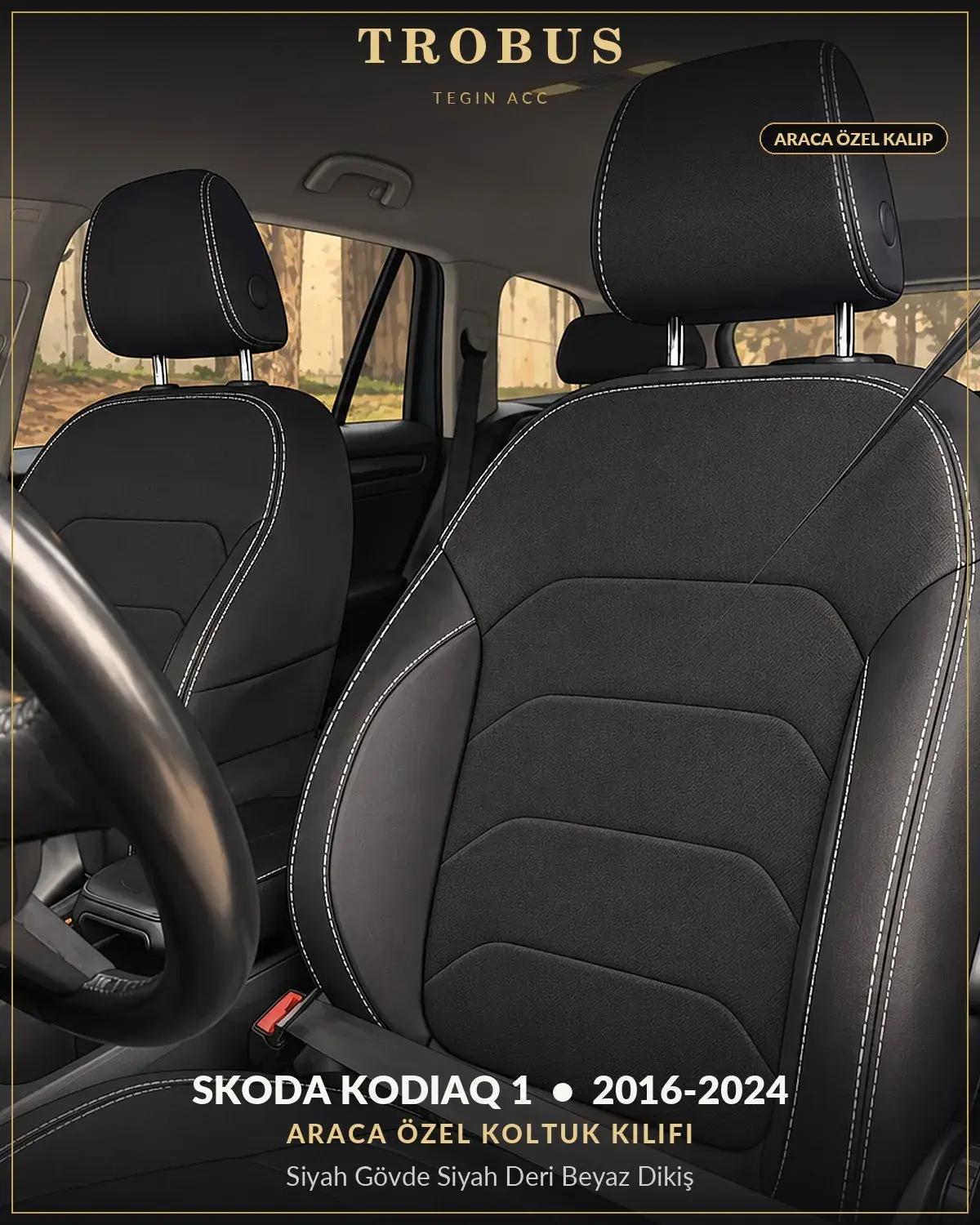 Skoda Kodiaq 1 2016-2024 Araca Özel Koltuk Kılıfı Siyah Gövde Siyah Deri Beyaz Dikiş (1)