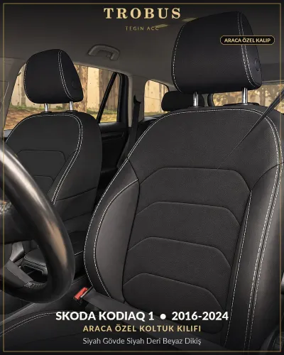 Skoda Kodiaq 1 2016-2024 Araca Özel Koltuk Kılıfı Siyah Gövde Siyah Deri Beyaz Dikiş