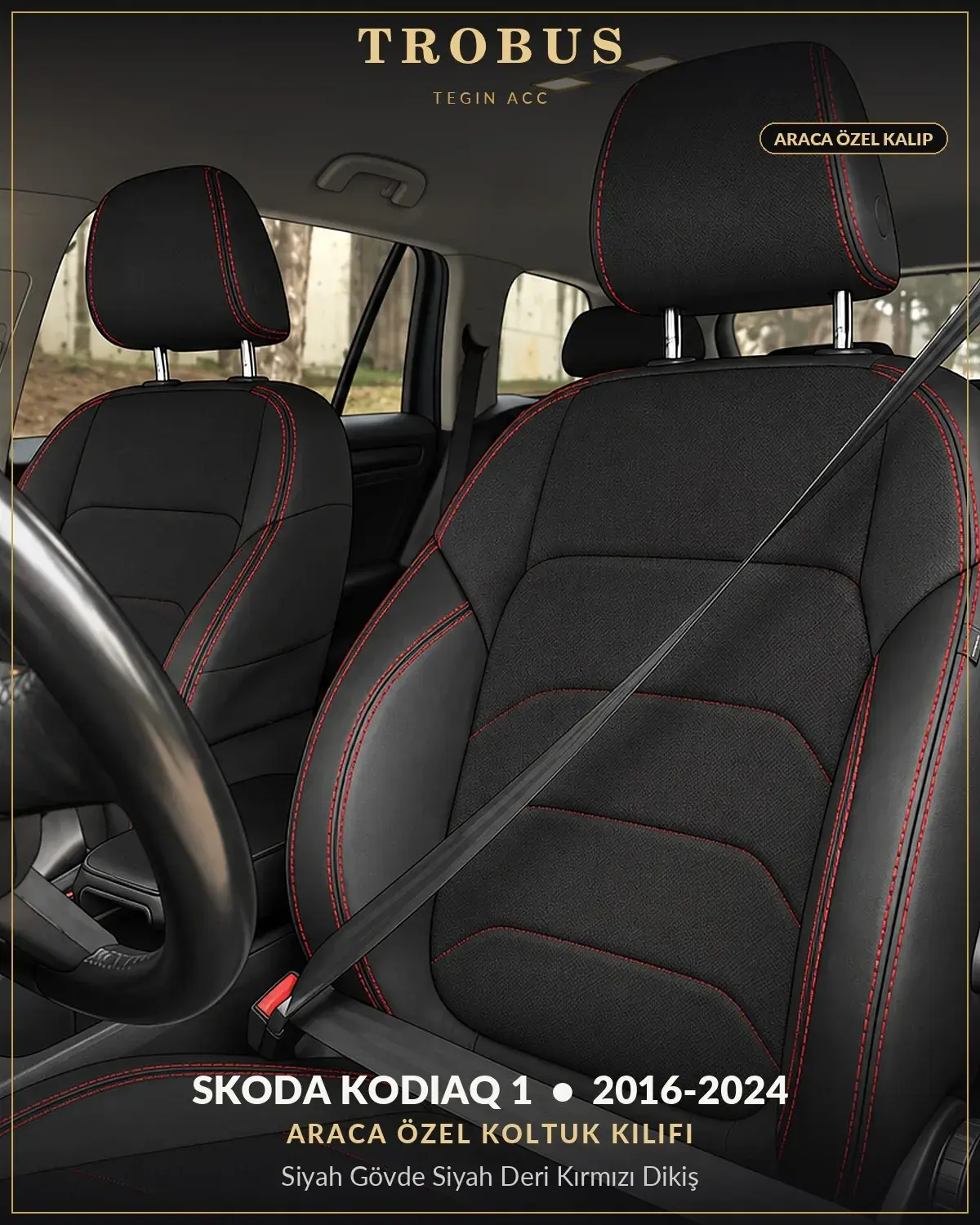 Skoda Kodiaq 1 2016-2024 Araca Özel Koltuk Kılıfı Siyah Gövde Siyah Deri Kırmızı Dikiş (1)