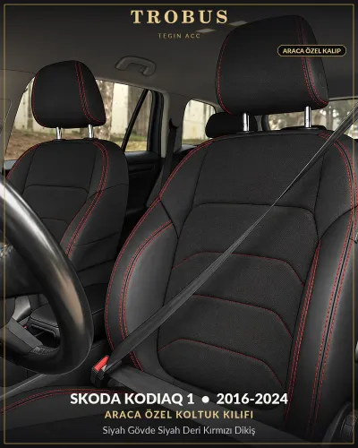 Skoda Kodiaq 1 2016-2024 Araca Özel Koltuk Kılıfı Siyah Gövde Siyah Deri Kırmızı Dikiş