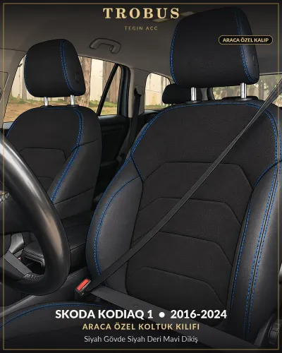 Skoda Kodiaq 1 2016-2024 Araca Özel Koltuk Kılıfı Siyah Gövde Siyah Deri Mavi Dikiş