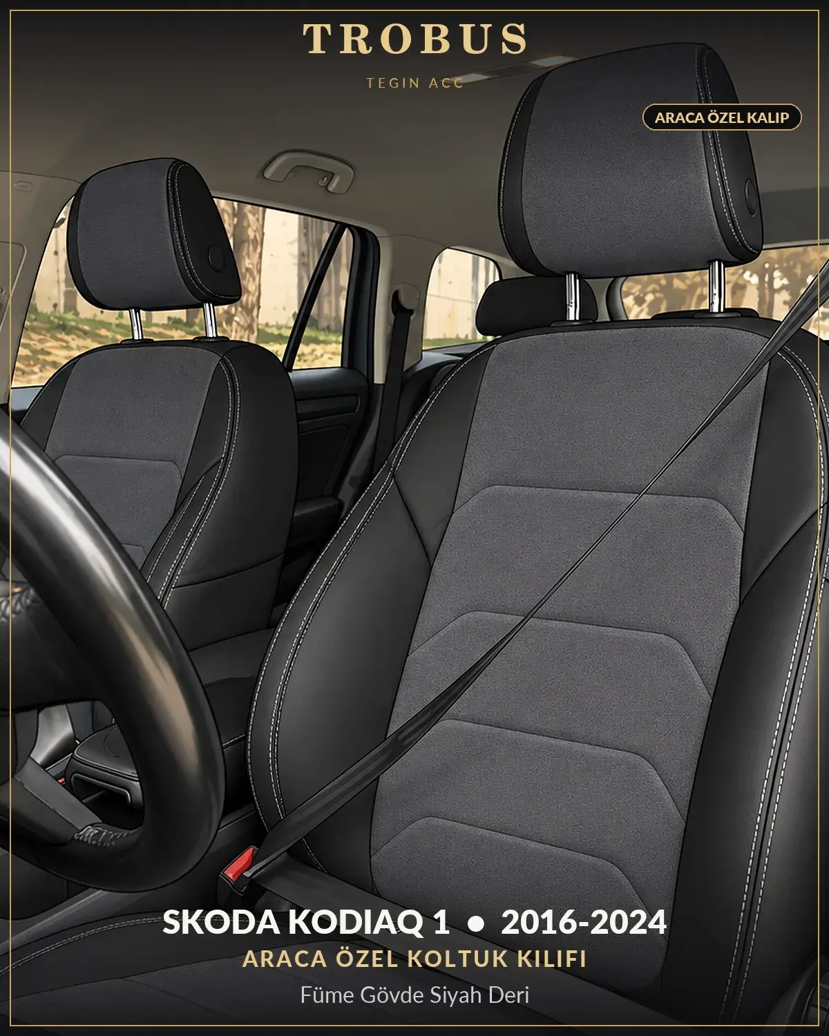 Skoda Kodiaq 1 2016-2024 Araca Özel Koltuk Kılıfı Füme Gövde Siyah Deri (1)