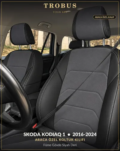 Skoda Kodiaq 1 2016-2024 Araca Özel Koltuk Kılıfı Füme Gövde Siyah Deri