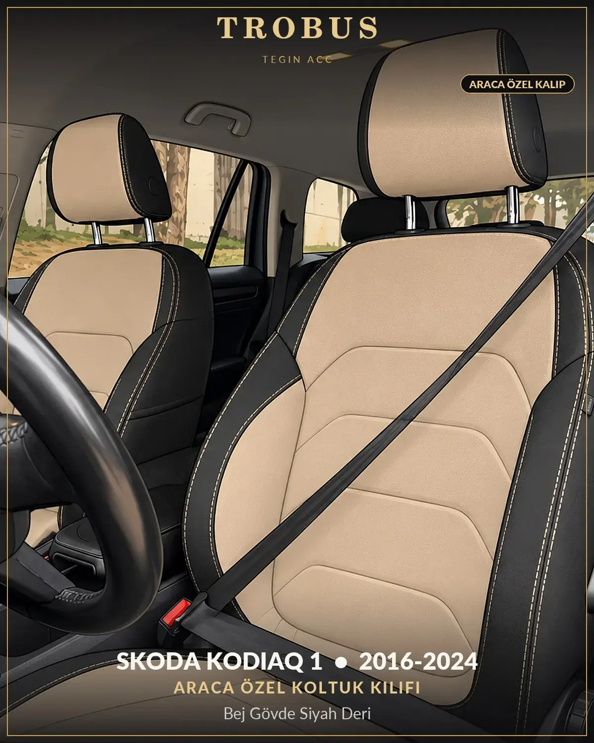 Skoda Kodiaq 1 2016-2024 Araca Özel Koltuk Kılıfı Bej Gövde Siyah Deri (1)