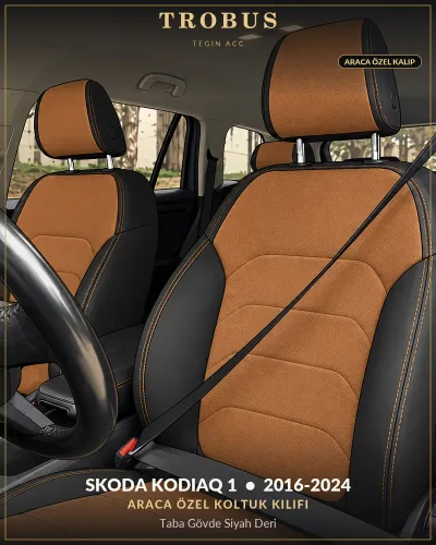 Skoda Kodiaq 1 2016-2024 Araca Özel Koltuk Kılıfı Taba Gövde Siyah Deri