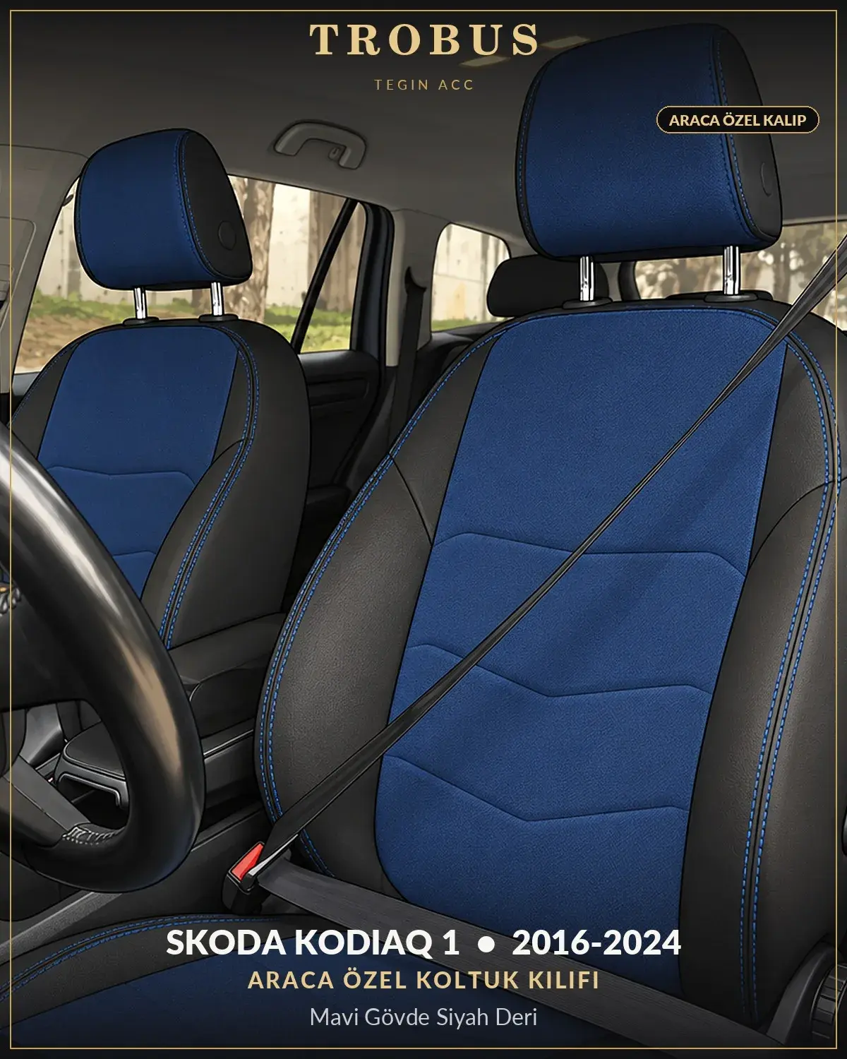 Skoda Kodiaq 1 2016-2024 Araca Özel Koltuk Kılıfı Mavi Gövde Siyah Deri (1)