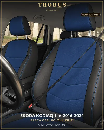 Skoda Kodiaq 1 2016-2024 Araca Özel Koltuk Kılıfı Mavi Gövde Siyah Deri