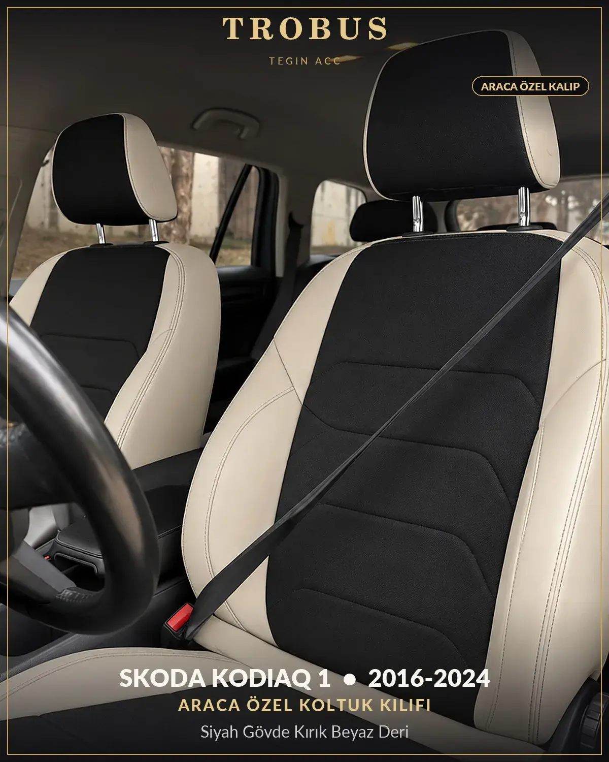 Skoda Kodiaq 1 2016-2024 Araca Özel Koltuk Kılıfı Siyah Gövde Kırık Beyaz Deri (1)