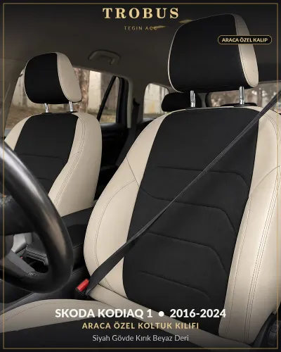 Skoda Kodiaq 1 2016-2024 Araca Özel Koltuk Kılıfı Siyah Gövde Kırık Beyaz Deri