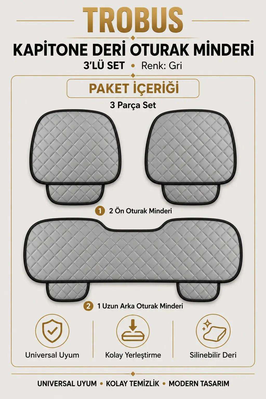 Üniversal Kapitone Deri 3'lü Oturak Minderi Gri