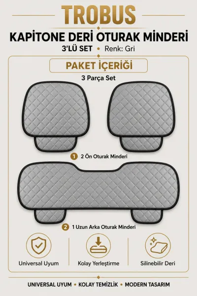 Üniversal Kapitone Deri 3'lü Oturak Minderi Gri