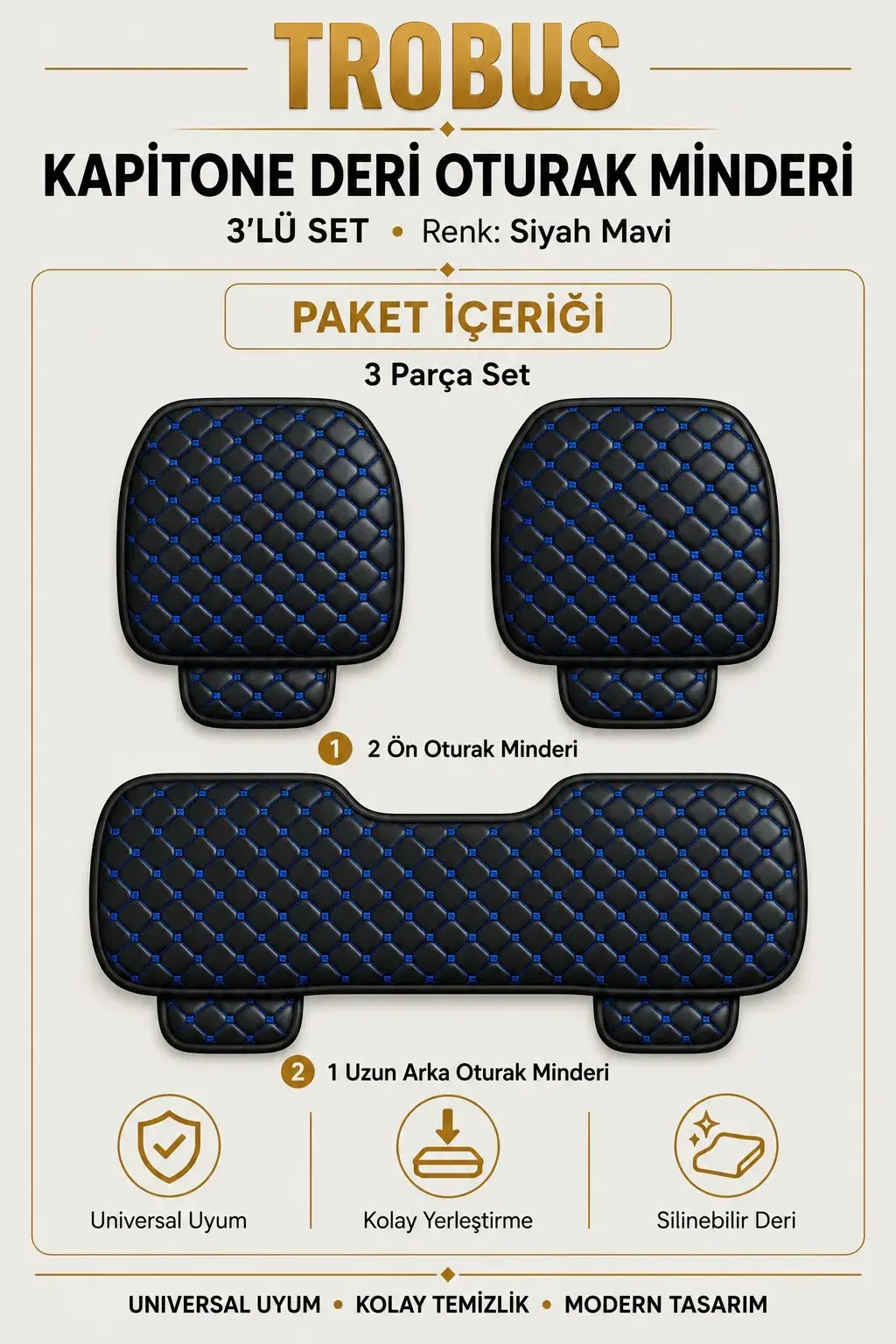 Üniversal Kapitone Deri 3'lü Oturak Minderi Siyah Mavi