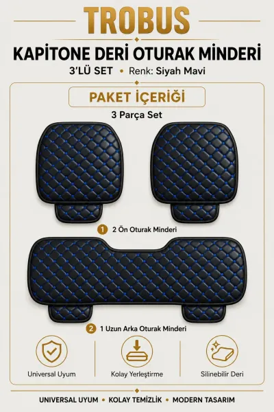 Üniversal Kapitone Deri 3'lü Oturak Minderi Siyah Mavi
