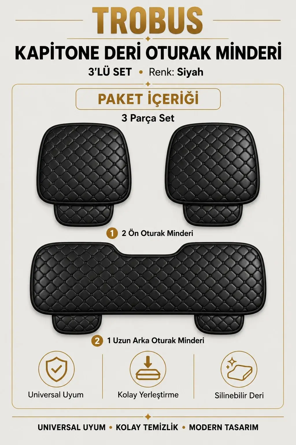Üniversal Kapitone Deri 3'lü Oturak Minderi Siyah