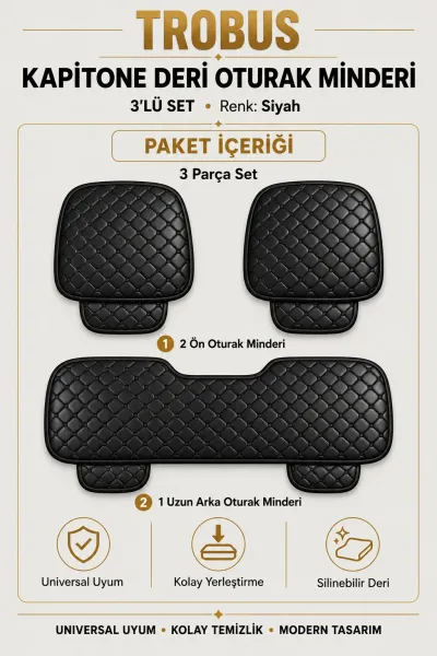 Üniversal Kapitone Deri 3'lü Oturak Minderi Siyah