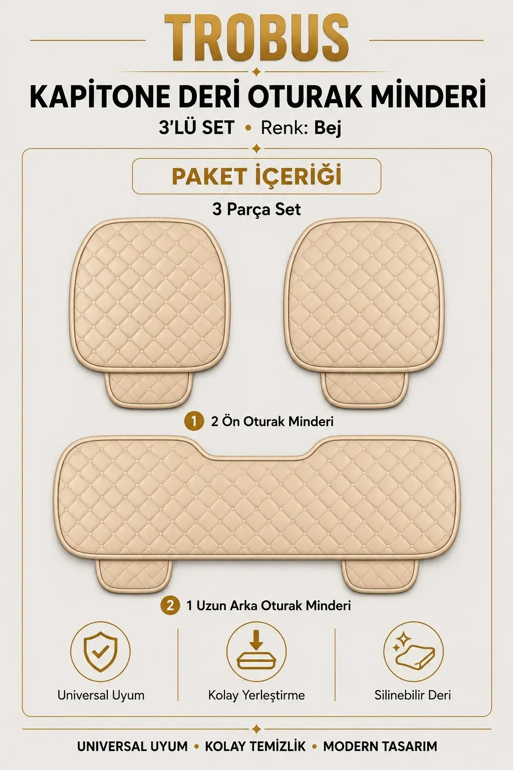 Üniversal Kapitone Deri 3'lü Oturak Minderi Bej