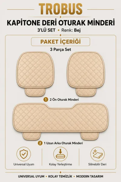 Üniversal Kapitone Deri 3'lü Oturak Minderi Bej