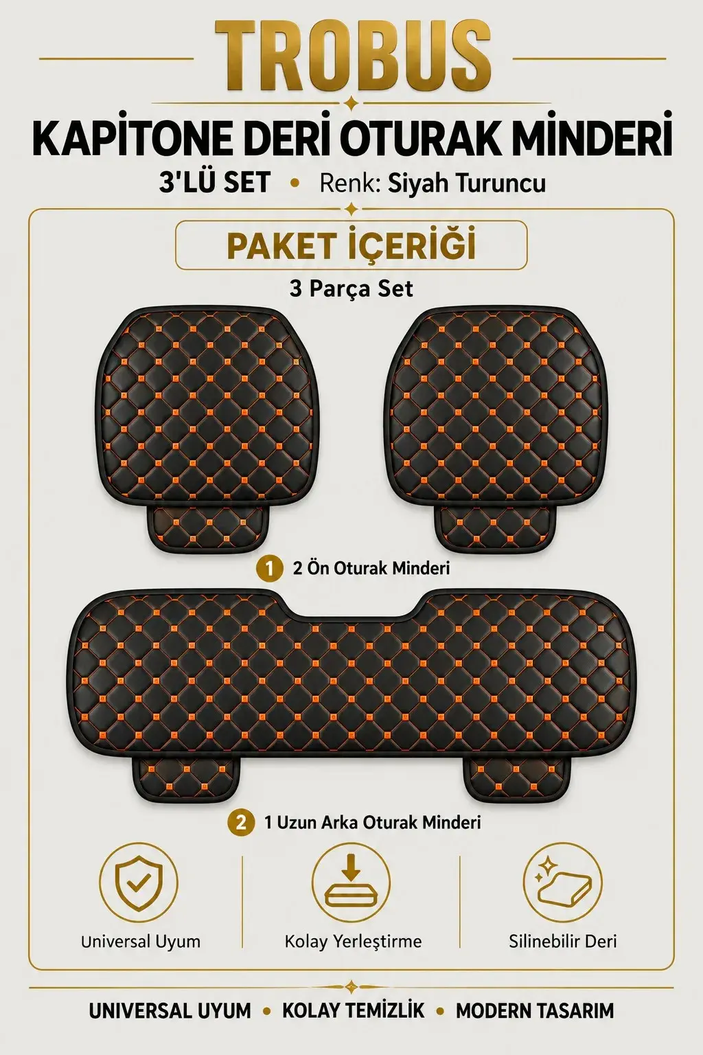 Üniversal Kapitone Deri 3'lü Oturak Minderi Siyah Turuncu