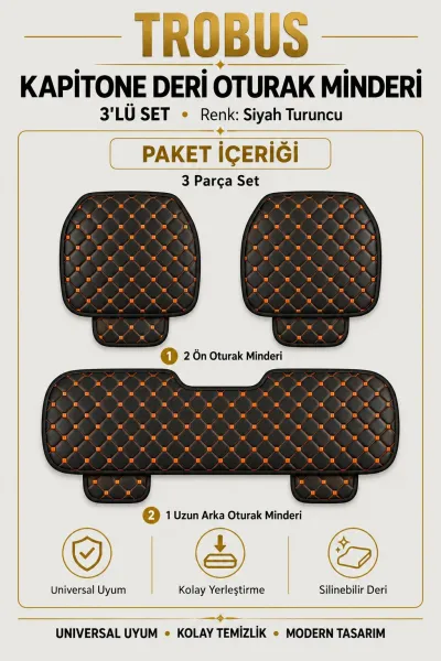 Üniversal Kapitone Deri 3'lü Oturak Minderi Siyah Turuncu