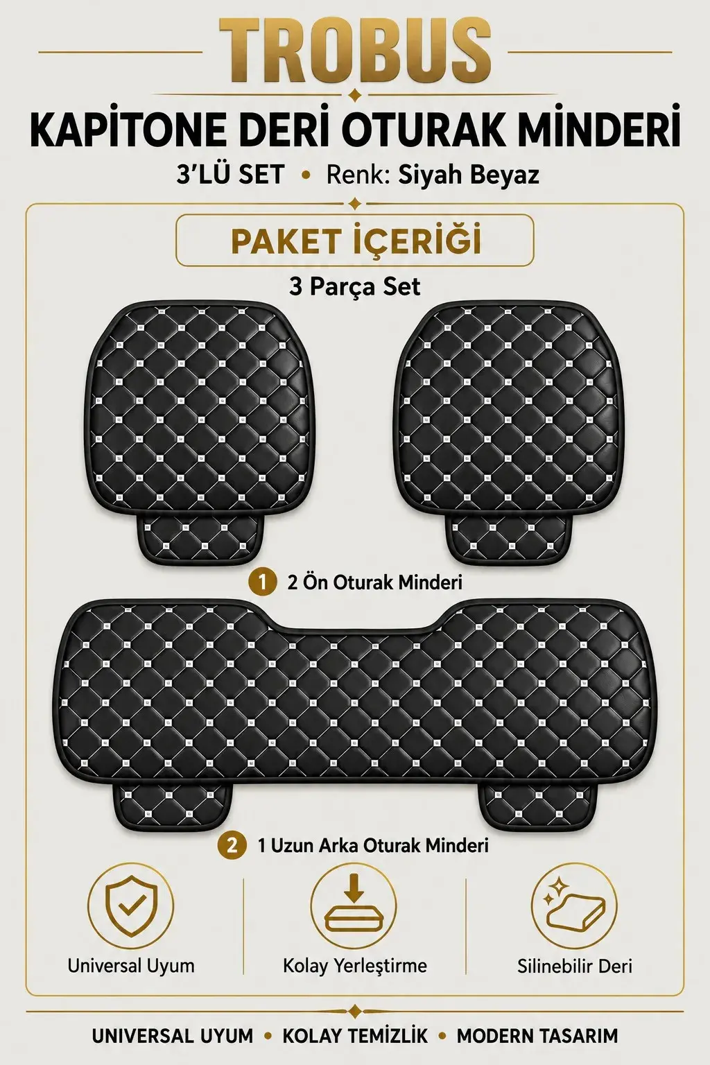 Üniversal Kapitone Deri 3'lü Oturak Minderi Siyah Beyaz