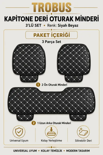 Üniversal Kapitone Deri 3'lü Oturak Minderi Siyah Beyaz