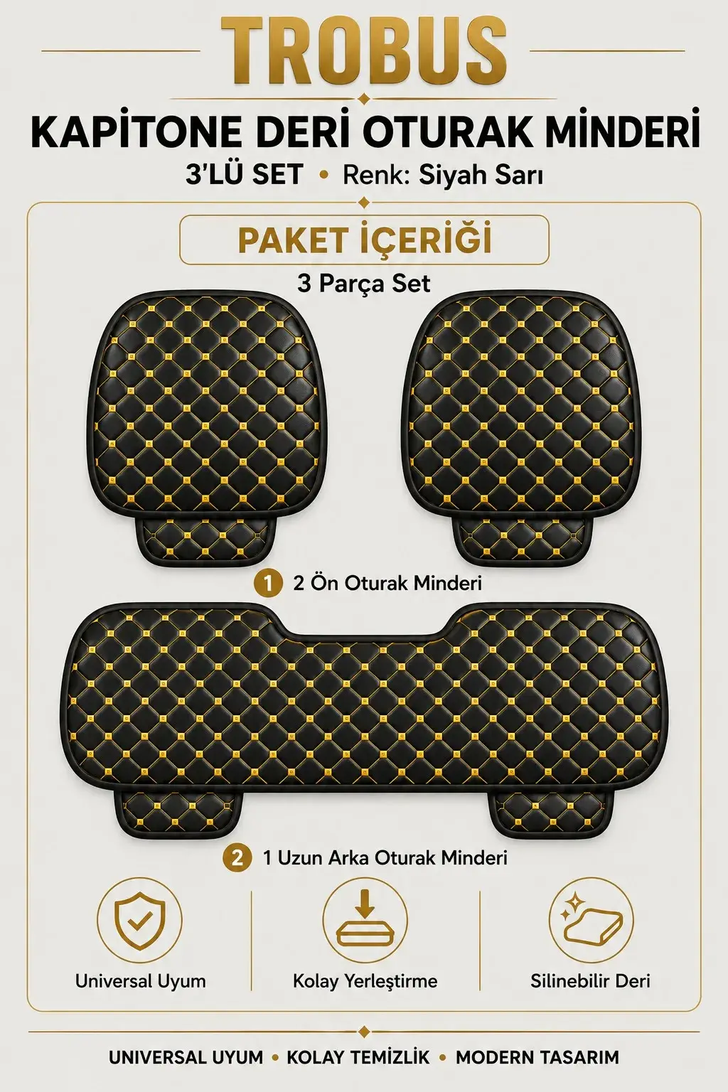 Üniversal Kapitone Deri 3'lü Oturak Minderi Siyah Sarı