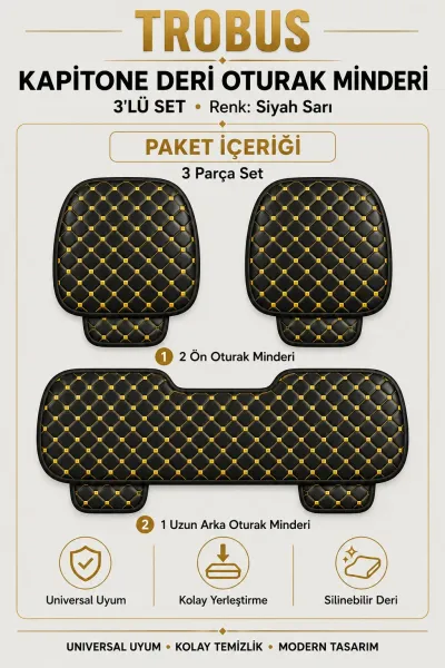 Üniversal Kapitone Deri 3'lü Oturak Minderi Siyah Sarı