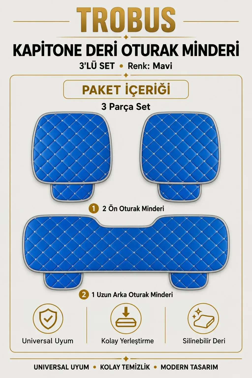 Üniversal Kapitone Deri 3'lü Oturak Minderi Mavi