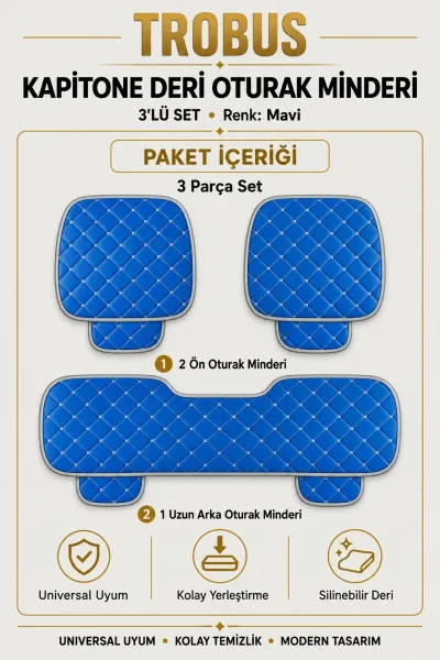 Üniversal Kapitone Deri 3'lü Oturak Minderi Mavi