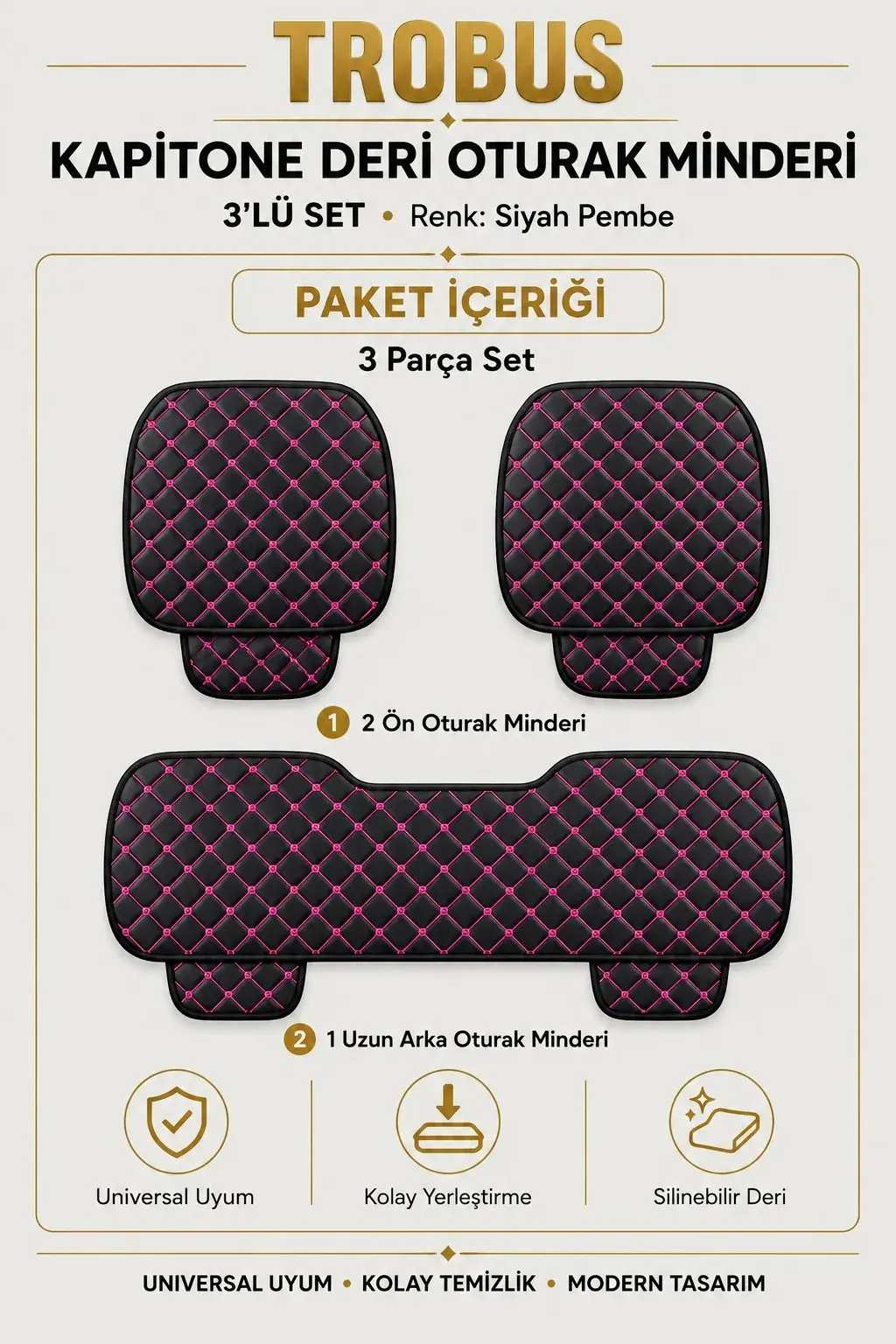 Üniversal Kapitone Deri 3'lü Oturak Minderi Siyah Pembe