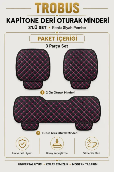 Üniversal Kapitone Deri 3'lü Oturak Minderi Siyah Pembe