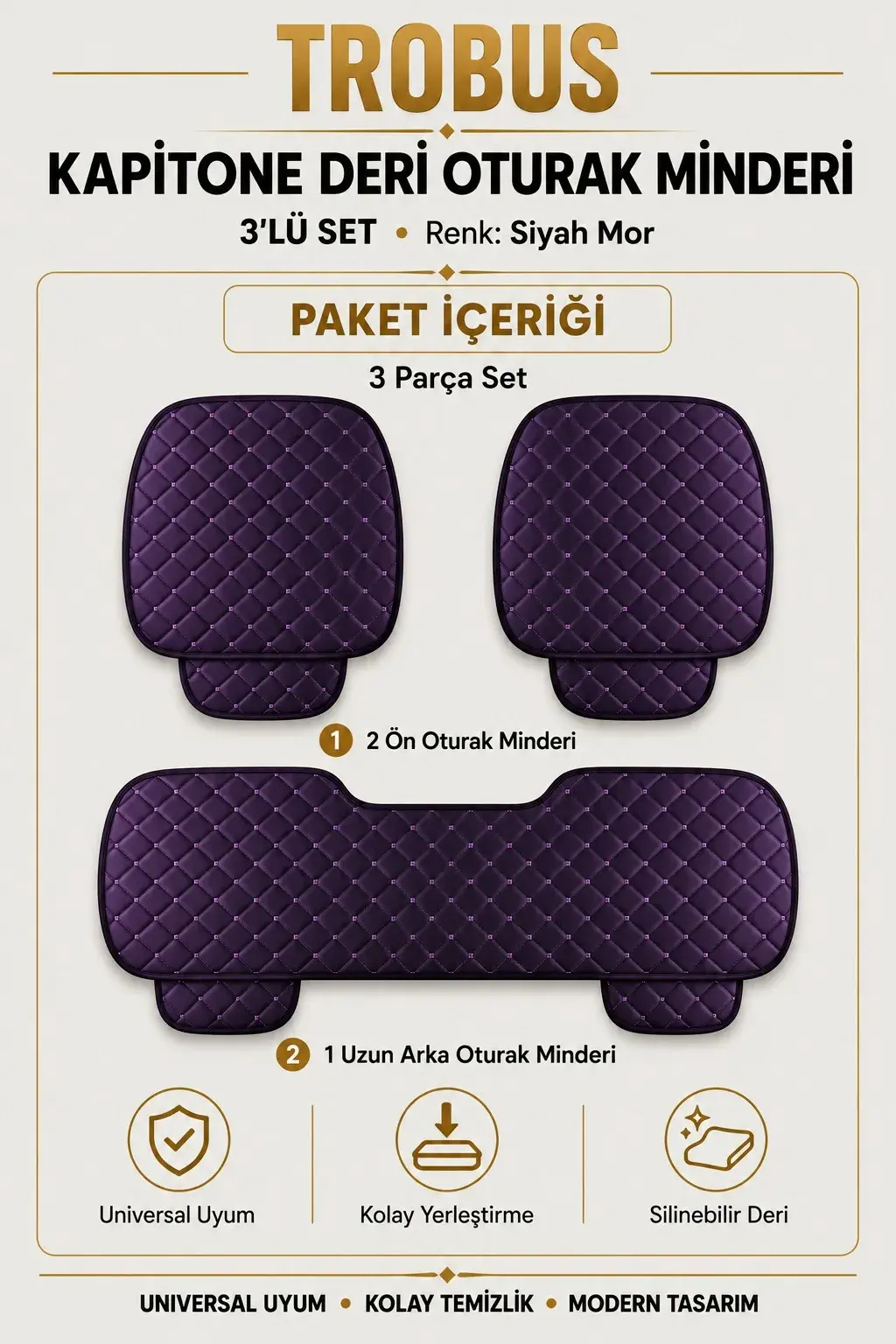 Üniversal Kapitone Deri 3'lü Oturak Minderi Siyah Mor